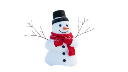 White snowman with red scarf and black hat on black background winter