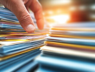 Hand sorting through piles of colorful files in a bright office  