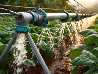 Irrigation system watering vegetables in farmland during sunset  