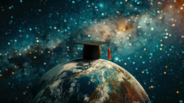 This  depicts a graduation scene set against the backdrop of space and the planet earth. It features an astronaut donning a cap and gown, symbolizing achievement and celebration.