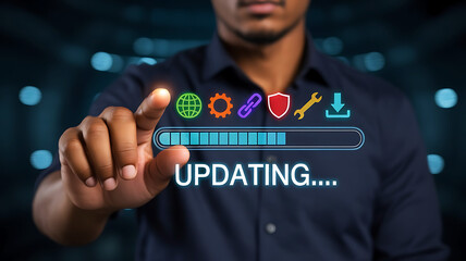 Software Update Progress on Laptop with Digital Overlay and Person