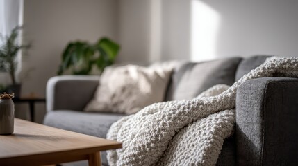 Cozy grey sofa with a soft throw blanket in a calm living room