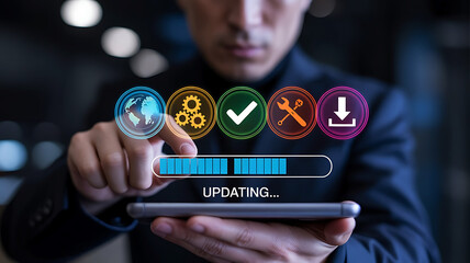 Software Update Progress on Laptop with Digital Overlay and Person