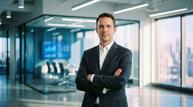 Confident executive portrait in modern glass-walled office - Powered by Adobe
