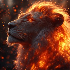 Blazing lion roaring through burning light high resolution picture
