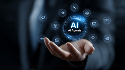 Futuristic artificial intelligence concept with glowing icons and human hand technology future