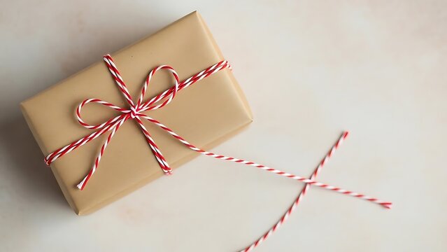 Brown gift wrapped with red and white string