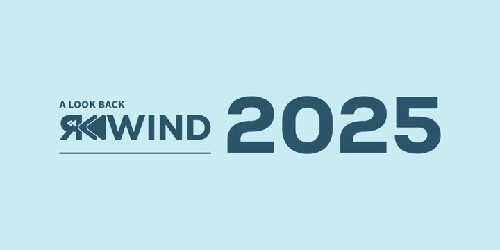 Modern &ldquo;A Look Back Rewind 2025&rdquo; typography in dark teal on light blue background, with stylized rewind icon and flowing year numbers, ideal for year-in-review videos, social media recaps, and present