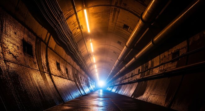 Long industrial concrete tunnel with warm overhead lighting and a bright light source at the far end