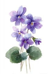 Delicate spring wild violet flowers in soft watercolor tones, isolated on a white backdrop