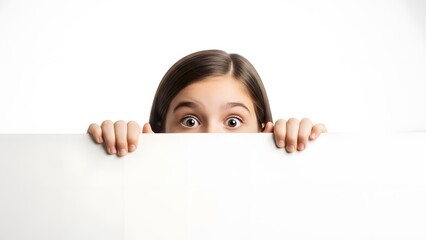 Little girl with wide brown eyes peeking over blank white board, showing surprise and curiosity concept with copy space for text.