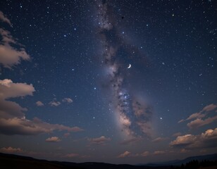 Majestic Night Sky: Crescent Moon, Milky Way, and Starry Clouds Over a Serene Landscape, Capturing the beauty and wonder of a solitary night.