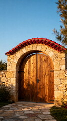 Rustic Stone Arch Gate with Wooden Door
