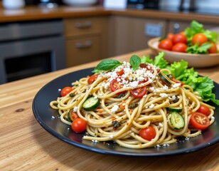 Delicious Spaghetti Primavera with Fresh Vegetables on Dark Plate, Perfect for Healthy Eating Concepts
