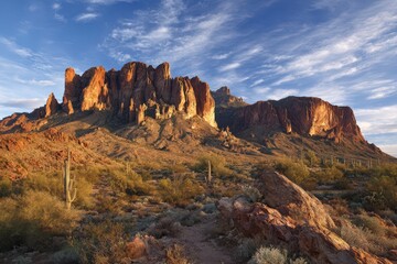 Naklejka premium Desert Sunset Over Majestic Arizona Red Rock Formations with Cacti and Expansive Sky