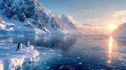 Penguins at Antarctic Dawn