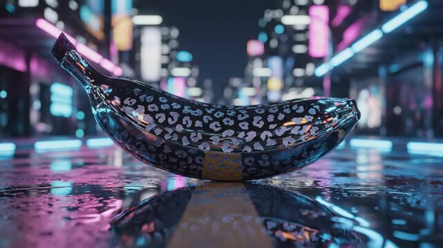 Chrome Banana with Etched Leopard Pattern and Neon Reflections 3D Render