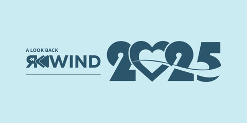 Modern “A Look Back Rewind 2025” typography in dark teal on light blue background, with stylized rewind icon and flowing year numbers, ideal for year-in-review videos, social media recaps, and present © bibin