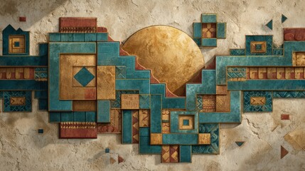Digital illustration of bold Aztec patterns with a central sun disk and tessellations