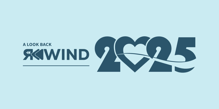 Modern &ldquo;A Look Back Rewind 2025&rdquo; typography in dark teal on light blue background, with stylized rewind icon and flowing year numbers, ideal for year-in-review videos, social media recaps, and present