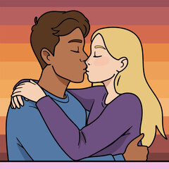 Man and woman kissing with closed eyes, embracing each other. Romance and affection. A young couple hugging and kissing, Illustration for relationship and love concept.