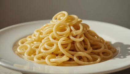 A white plate holds shiny ring shaped pasta, piled neatly and glowing under soft light