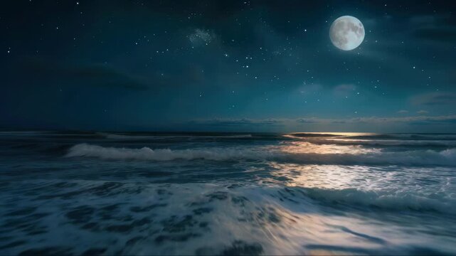 Spectacular night scene at the beach under a full moon with stars visible in the dark sky and waves gently lapping against the shore.