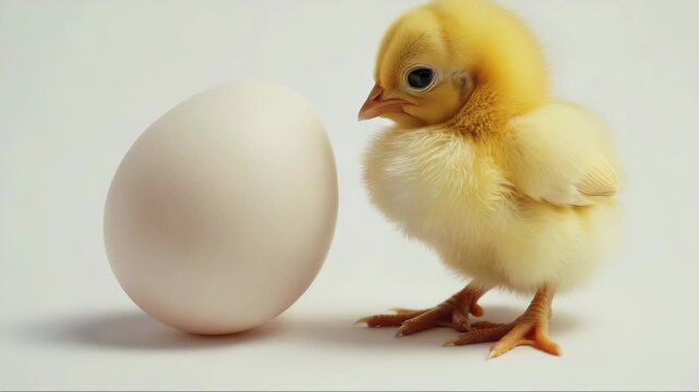 Close-up of cute baby chicken with black eyes and yellow feathers interacting with an unbroken egg.