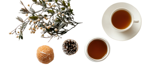 Cozy Japanese home winter elements with kotatsu blanket and tea set on transparent background