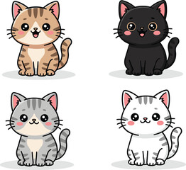 Cute cartoon cats with various fur patterns, smiling faces, expressive eyes, adorable poses, flat vector illustration for design and education