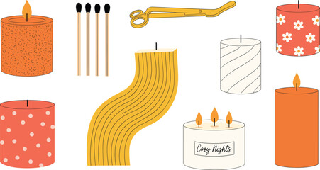 Set of cozy decorative scented candles with matches and wick trimmer vector illustration for hygge