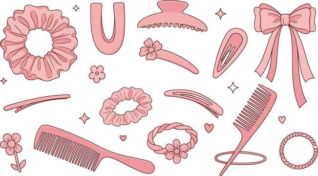 Pink feminine hair accessories set featuring scrunchies, bow, claw clip, combs, and barrettes in a cute hand-drawn aesthetic for beauty and fashion design.