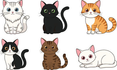 Fototapeta premium Cute kawaii cat character set with different breeds and colors including tuxedo tabby ginger black and white kittens isolated on white background flat vector illustration for pet lovers