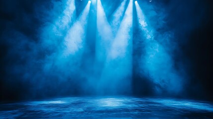 Bright blue spotlights glowing in smoky air high resolution picture