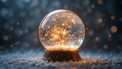 Magical snow globe with glowing tree and snowflakes on decorative base
