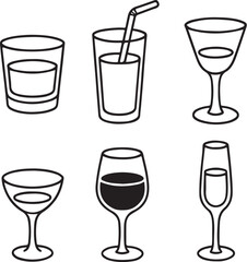 Minimal Drink Glassware Black and White 3D Line Art Set.eps