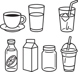 Breakfast Drinks Pack Black and White 3D Line Art Beverage Set.eps