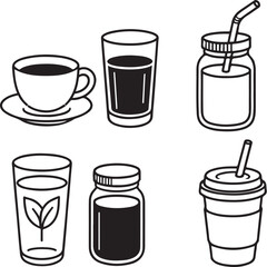 Cafe Takeaway Drinks Black and White 3D Line Art Set.eps