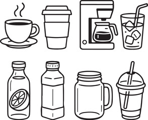 Coffee and Juice Bar Mix Black and White 3D Line Art Drink Set.eps