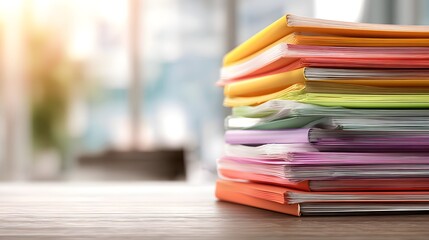 Stack of Colorful Folders on a Wooden Desk with Blurred Background.
