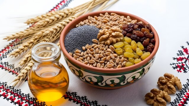 A rustic composition showcases the bounty of nature with a bowl brimming with grains, nuts, and seeds, alongside a bottle of golden oil, symbolizing abundance and culinary delight.