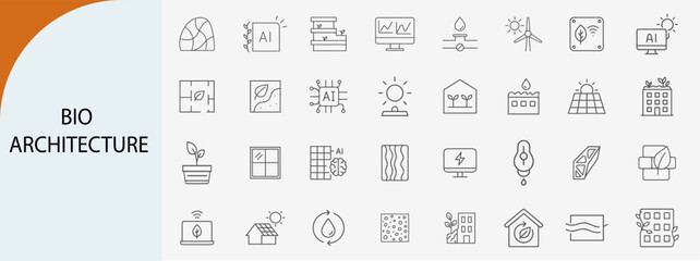 bio architecture icon set with green building and renewable energy, minimal line vector design