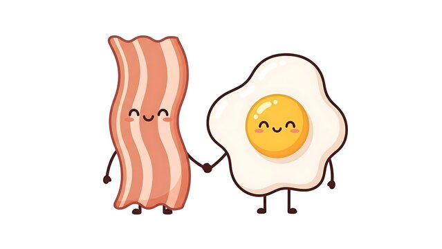 Cute bacon and egg characters holding hands with smiles
