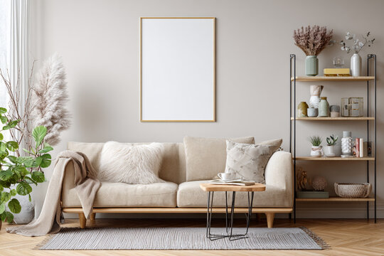 minimalist living room with beige sofa and decor