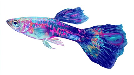 Colorful guppy fish illustration on white background decorative art design