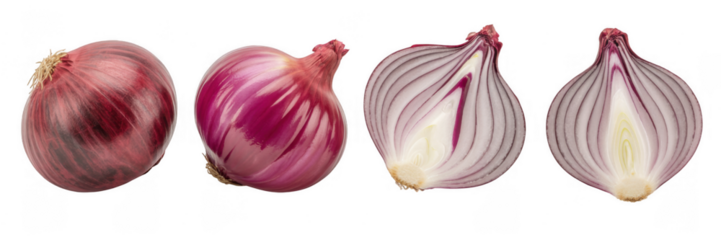 Four red onions two cut in half cut onion whole onion isolated on a transparent background