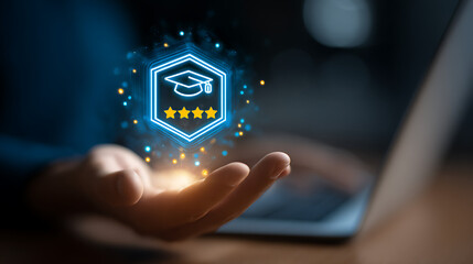 Glowing graduation cap and stars hover above open palm education achievement