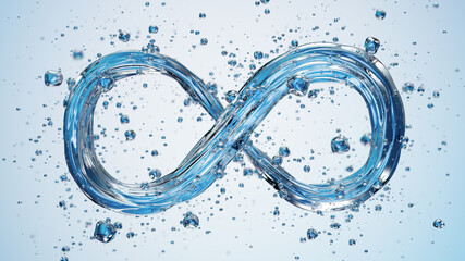 Infinity Symbol Made From Blue Liquid With Bubbles And Dynamic Water Flow In Motion