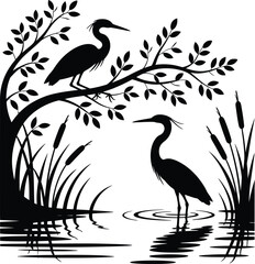 Obraz premium Herons in swamp silhouette heron bird wild nature reeds water tree cattails wildlife