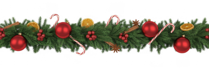 Christmas garland with ornaments holiday decoration green garland isolated on a transparent background